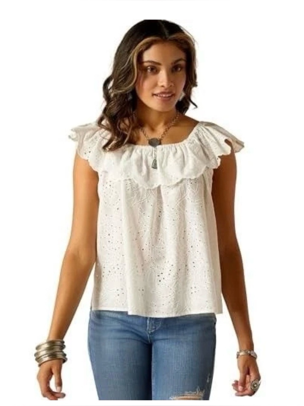 Ariat Women's Ruffle Shoulder Eyelet Coquette Top Blouse Cloud Dancer small